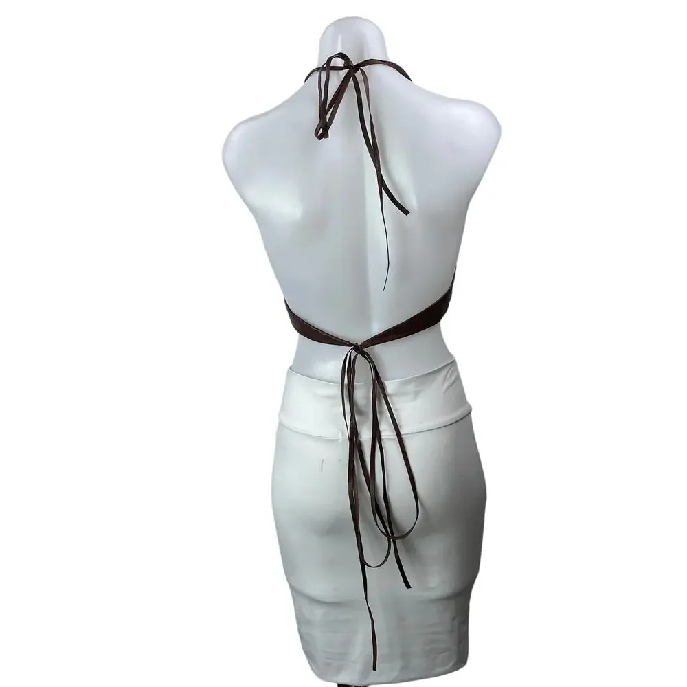 Lamarque Melka Brown 100% Leather Halter V Neck Strappy Triangle Crop Top Size S